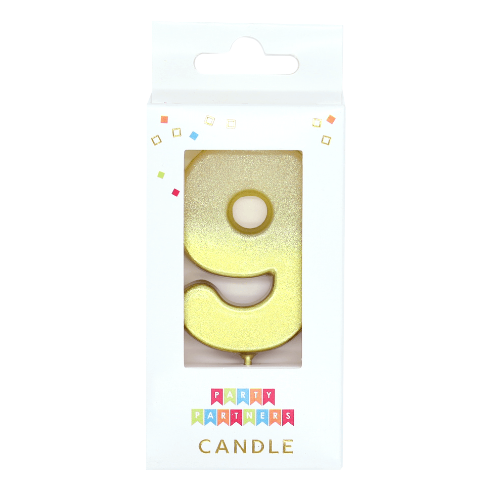 Gold ombre metallic number candle with the number 9, designed by Party Partners, ideal for birthday celebrations.